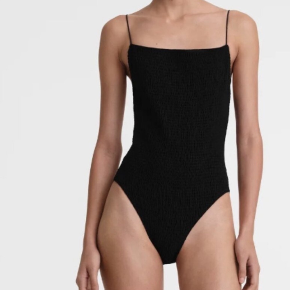 Toteme Black Smocked Square-Neck One-Piece